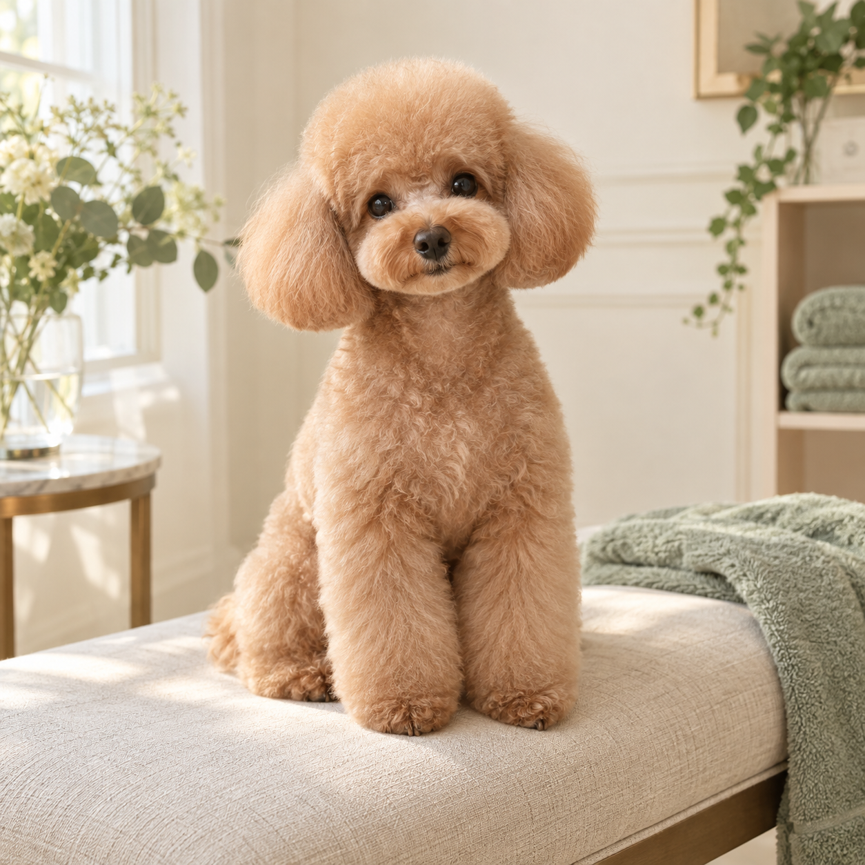 AI-generated image of a beautifully groomed poodle — fictional sample for Paws & Polish, an example grooming brand